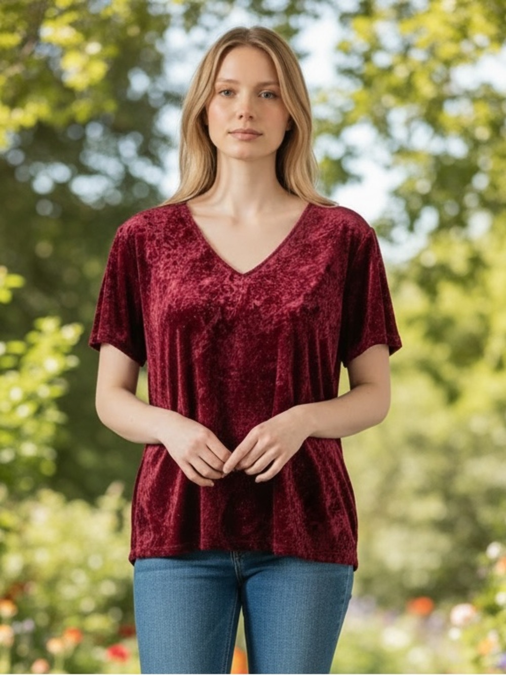 Elvi Velvet Burnout V-Neck Top in Deep Berry size L